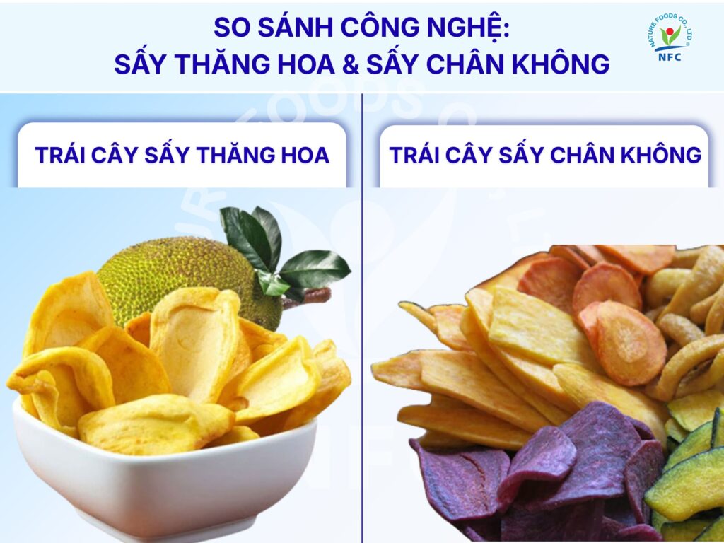 Ảnh so sánh trái cây sấy thăng hoa và sấy chân không 